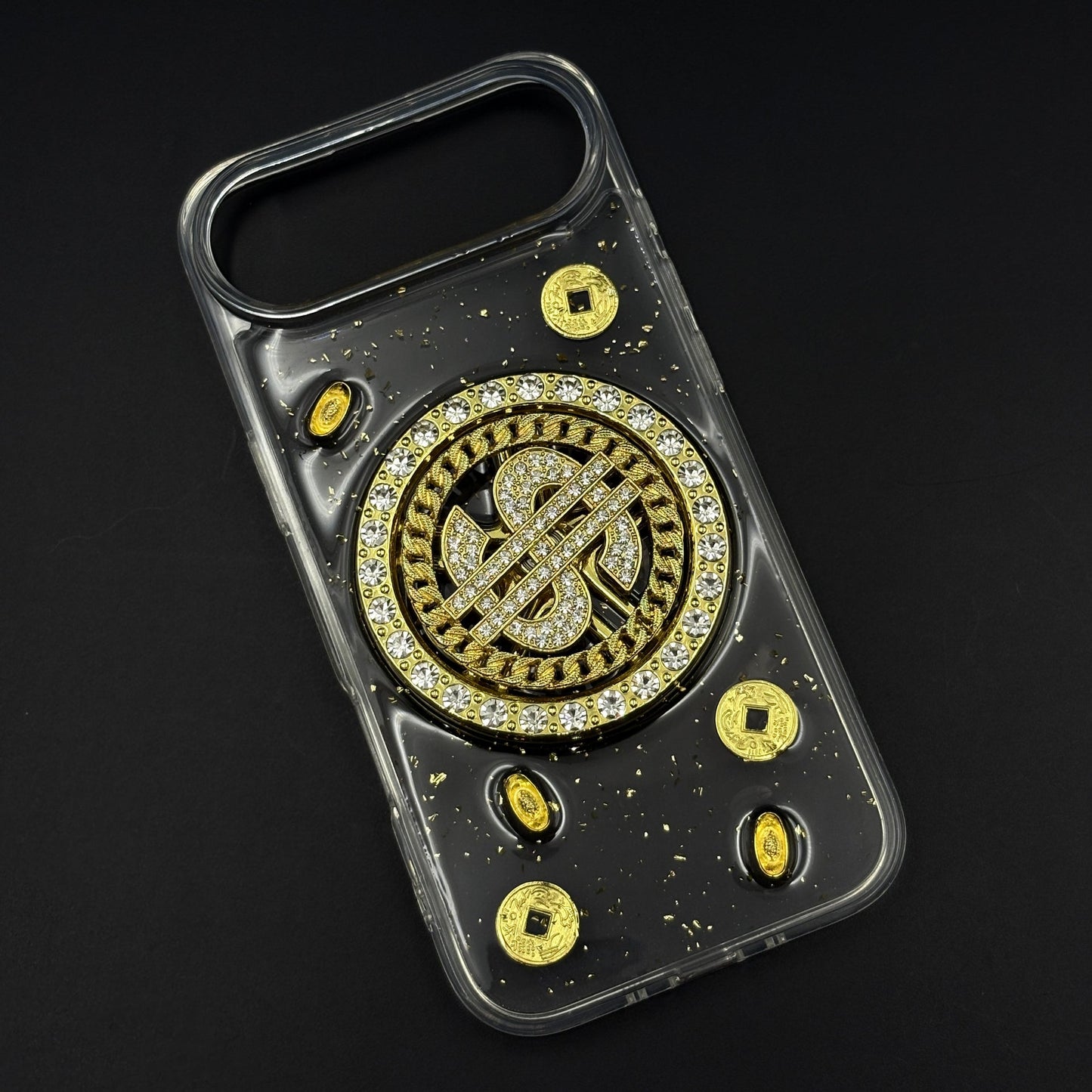 Luxury Rotating Dollar Case for iPhone 17 Air | Gold Bling Coin Design with Beaded Wrist Strap