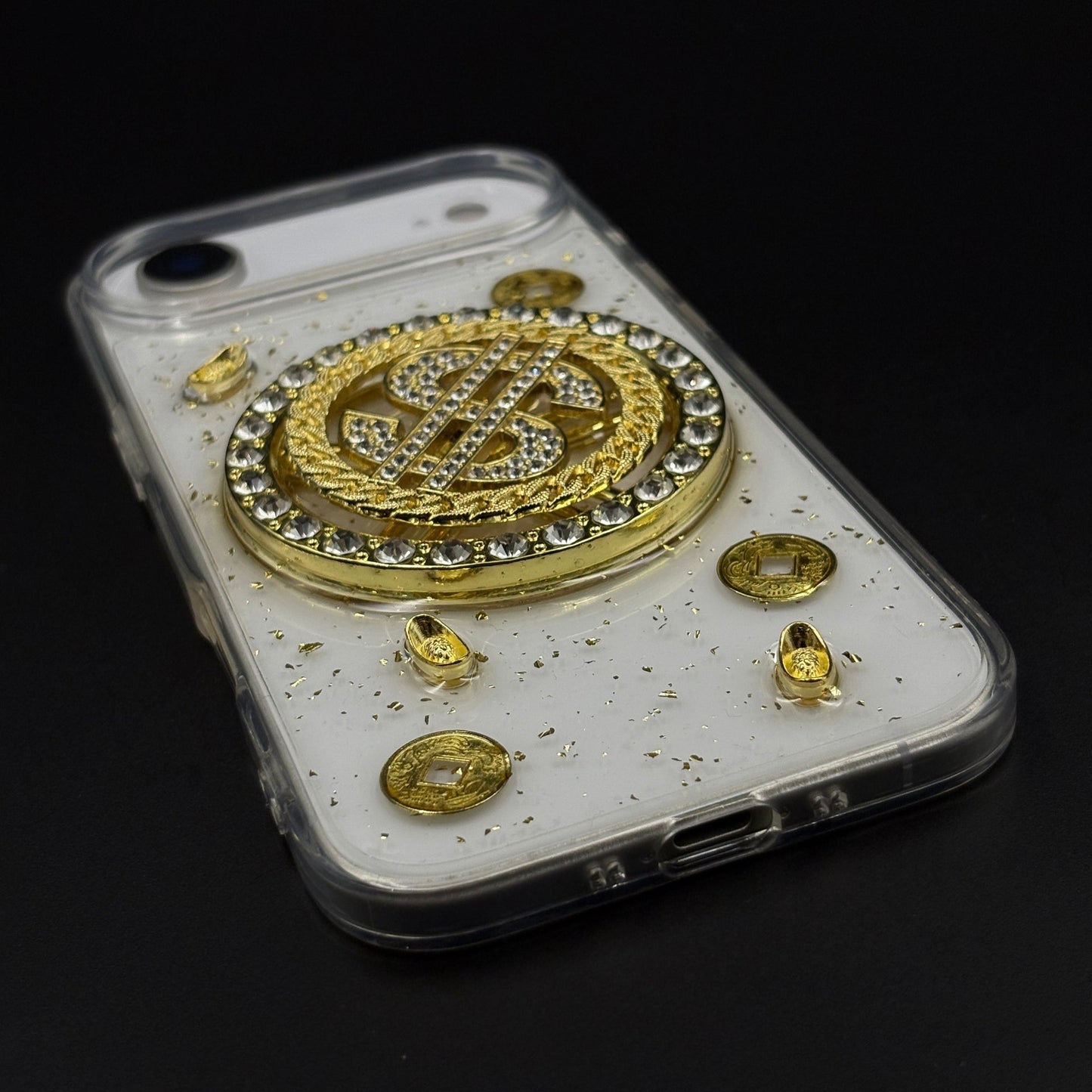 Luxury Rotating Dollar Case for iPhone 17 Air | Gold Bling Coin Design with Beaded Wrist Strap
