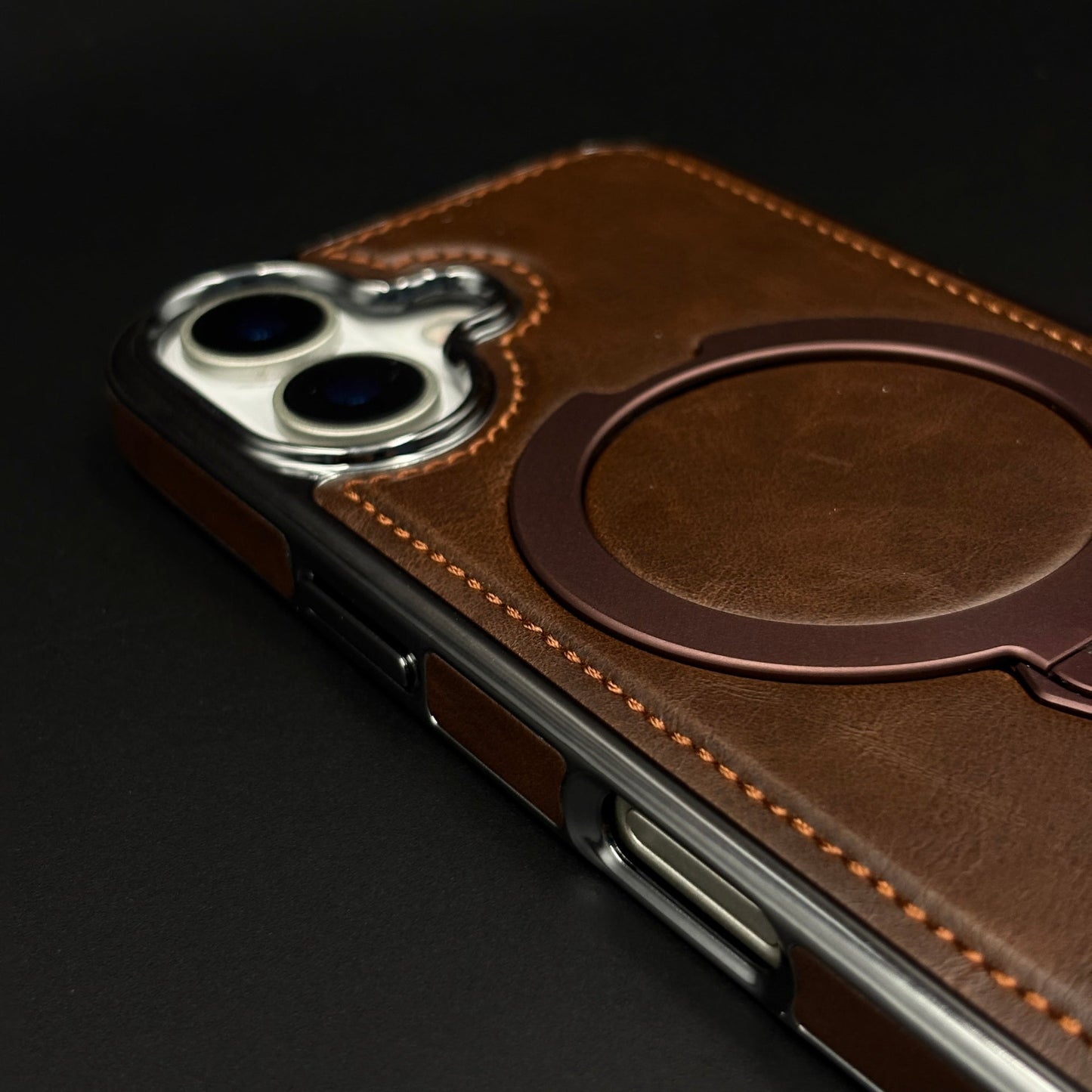 Leather Phone Case Cover with Metal Rotating Stand & MagSafe for iPhone 17 | Premium 360° Kickstand Edition