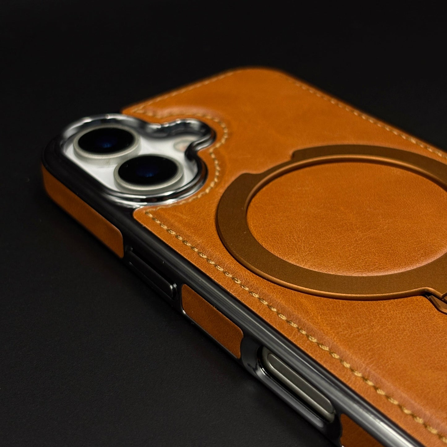 Leather Phone Case Cover with Metal Rotating Stand & MagSafe for iPhone 17 | Premium 360° Kickstand Edition
