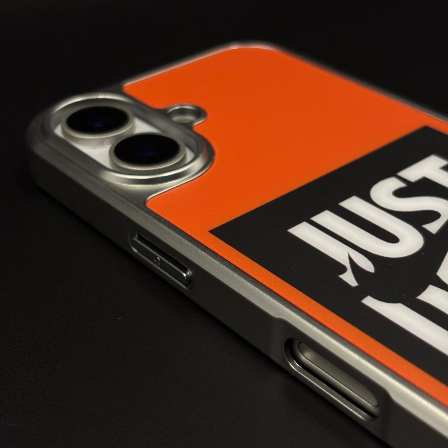 Sports Edition “Just Do It” Mobile Case Cover for iPhone 16 | Aluminium Frame Athletic Cover | Embossed Logo