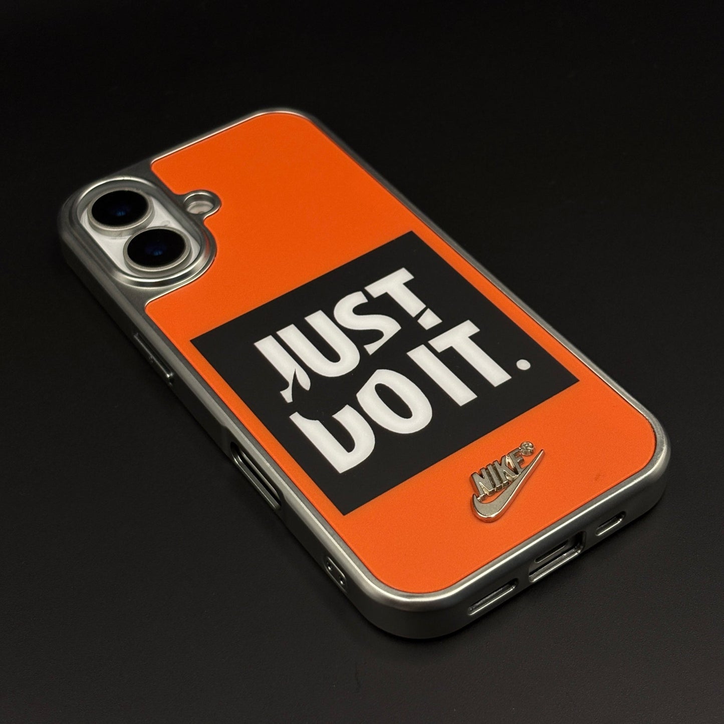 Sports Edition “Just Do It” Mobile Case Cover for iPhone 16 | Aluminium Frame Athletic Cover | Embossed Logo