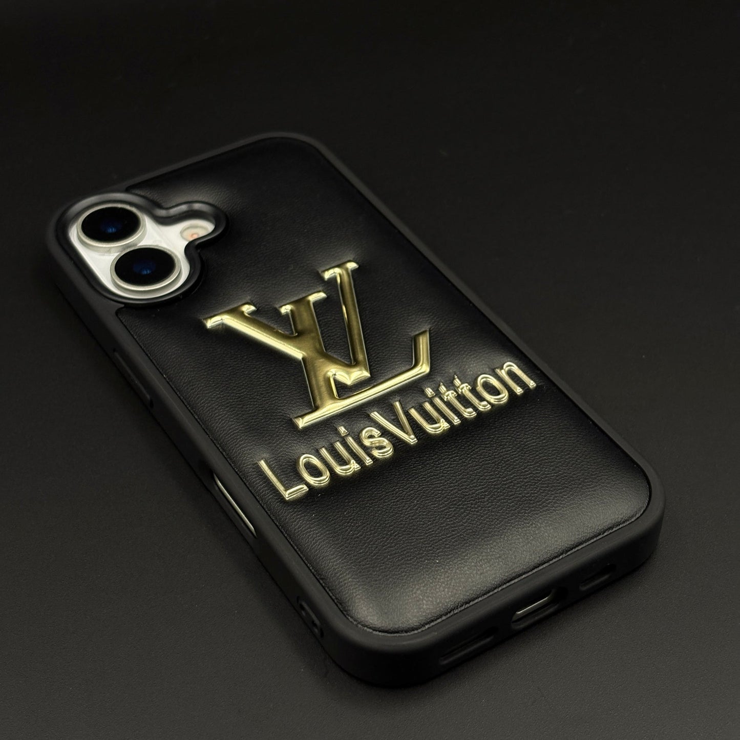 Luxury Embossed Branded Metal Logo Mobile Case for iPhone 17 | Premium Black Soft-Touch Cushion