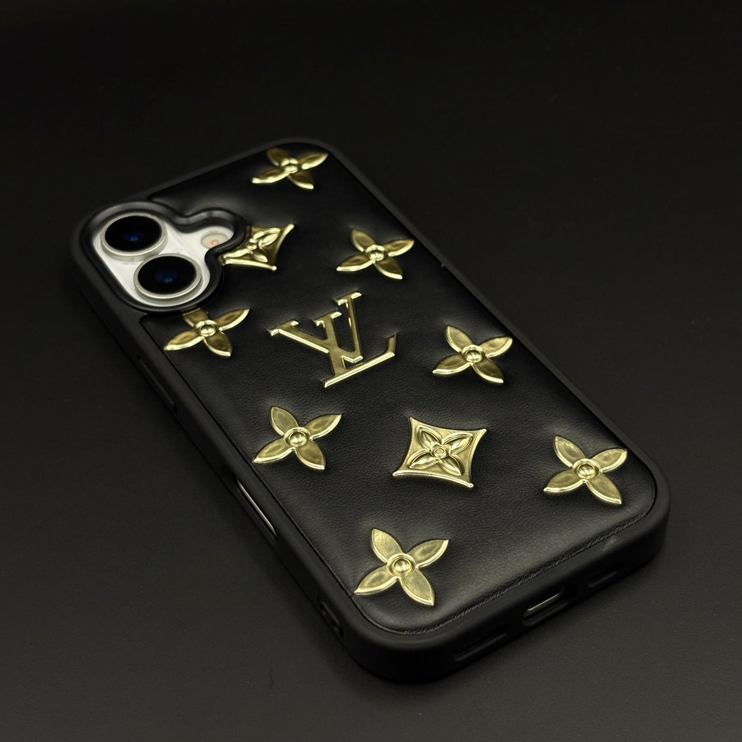 Luxury Embossed Gold Icon Mobile Case for iPhone 17 | Premium Black Soft-Touch Cushion Cover