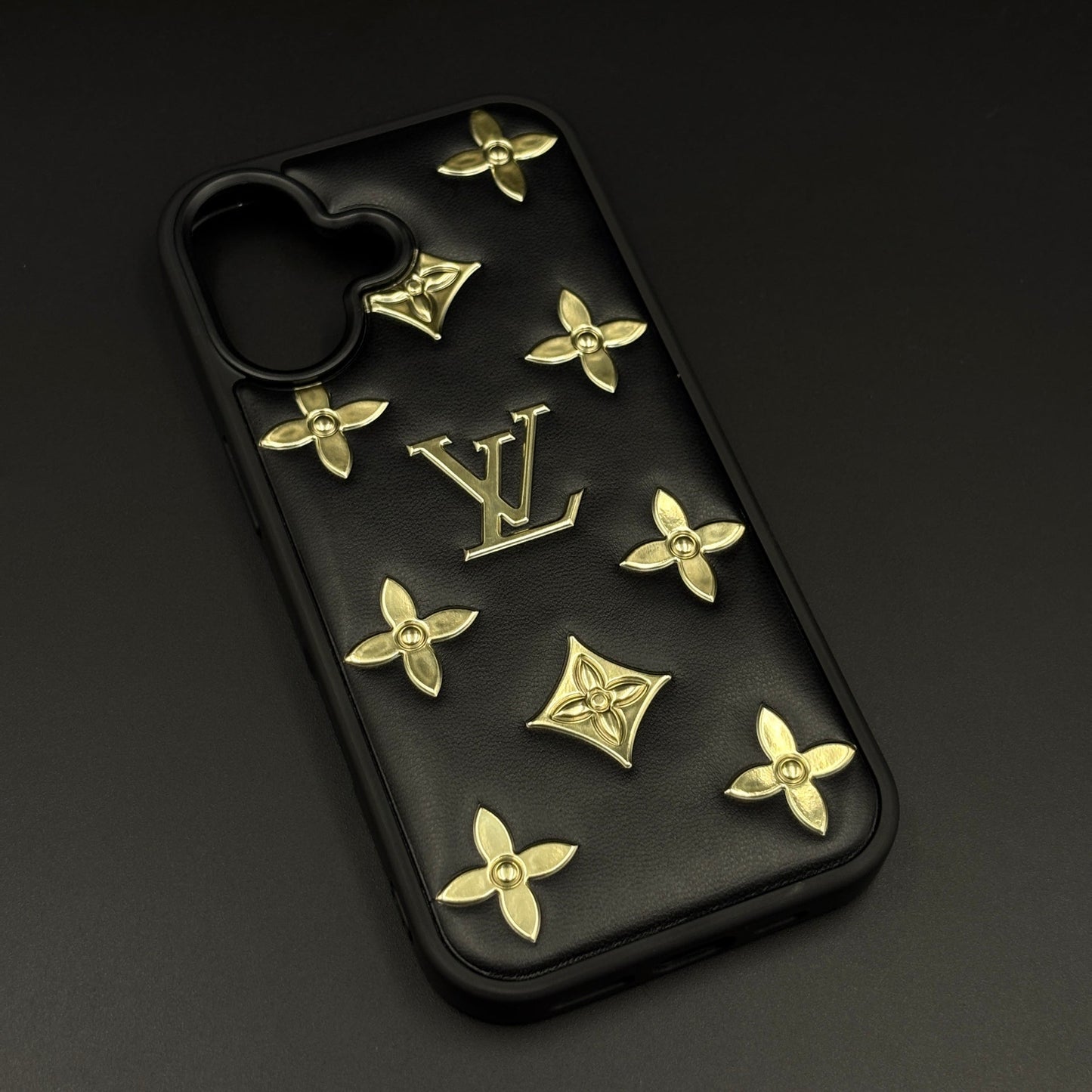 Luxury Embossed Gold Icon Mobile Case for iPhone 17 | Premium Black Soft-Touch Cushion Cover