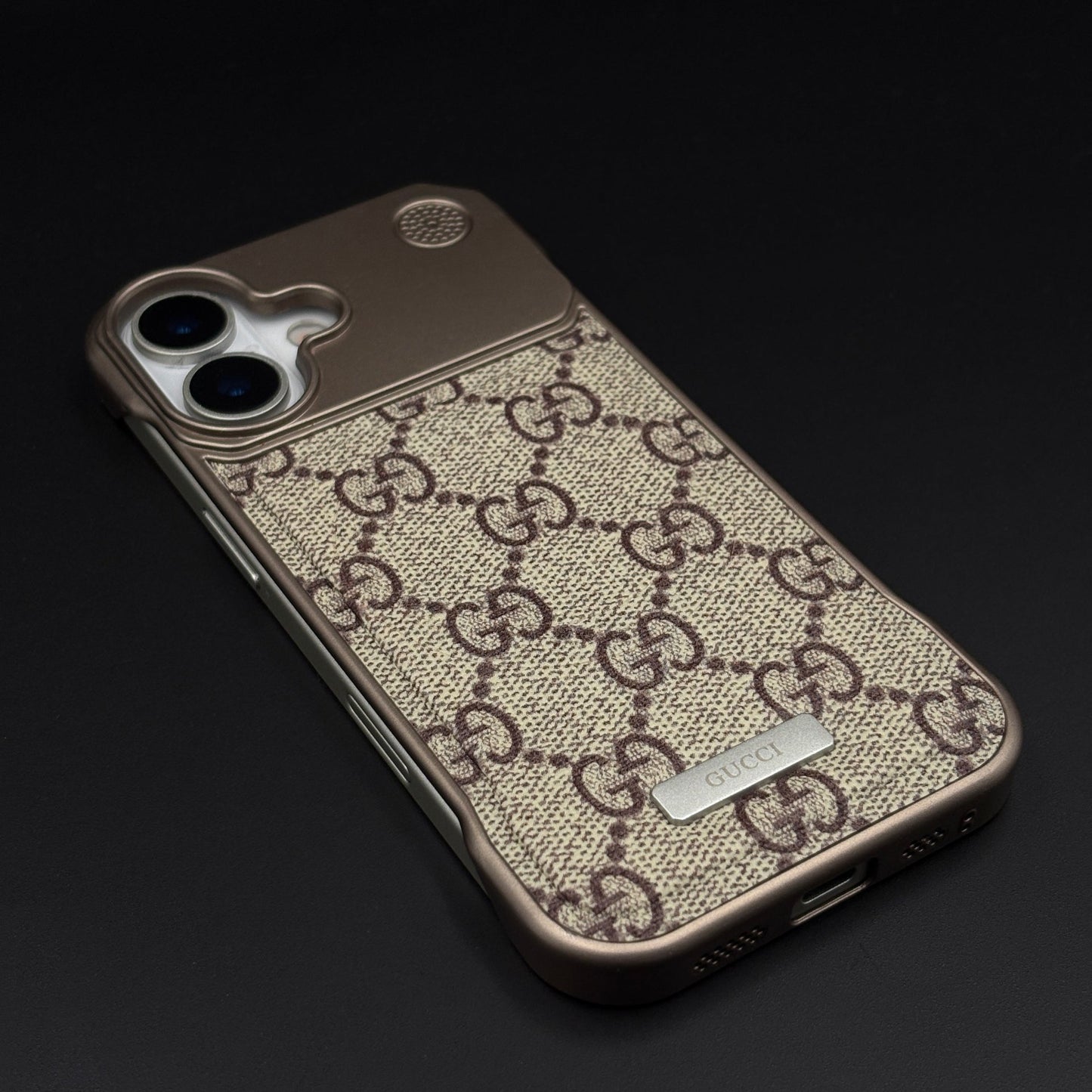Luxury Branded GG Pattern Fabric Mobile Case for iPhone 17 | Premium Brown Texture Fabric
