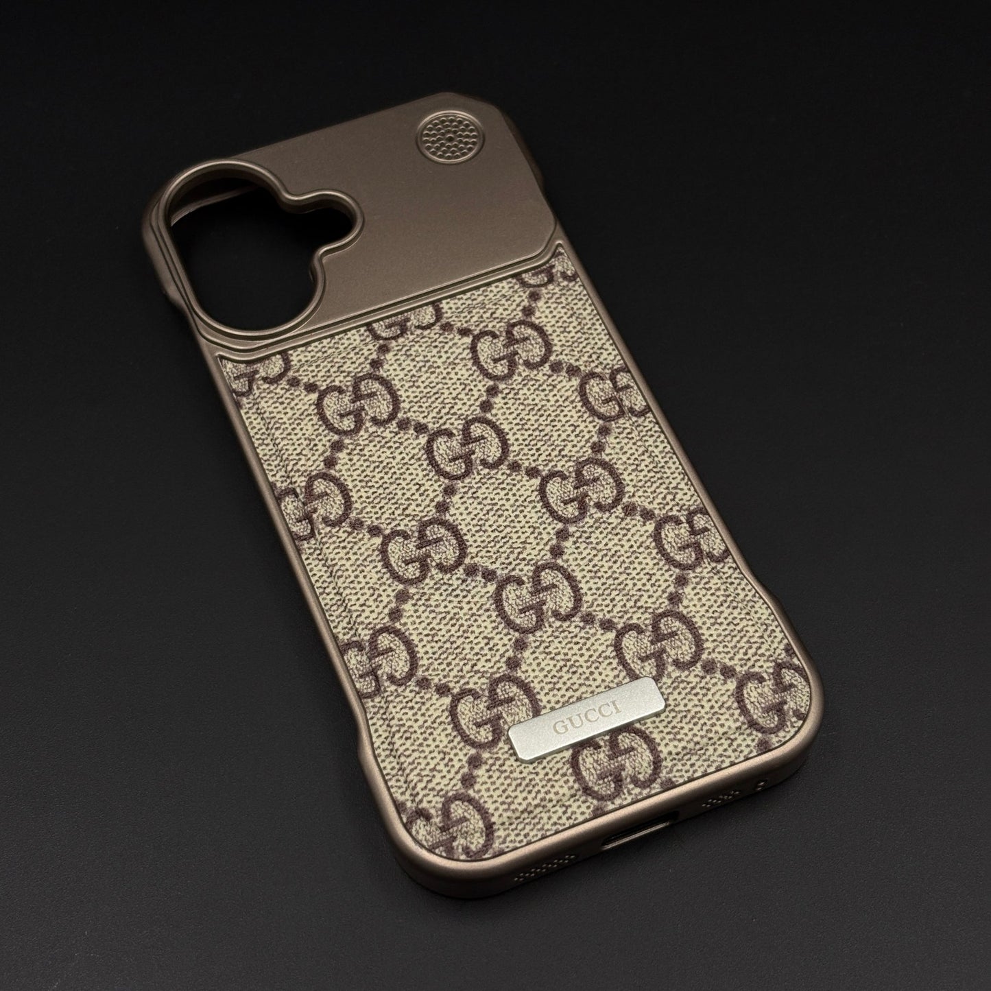 Luxury Branded GG Pattern Fabric Mobile Case for iPhone 17 | Premium Brown Texture Fabric