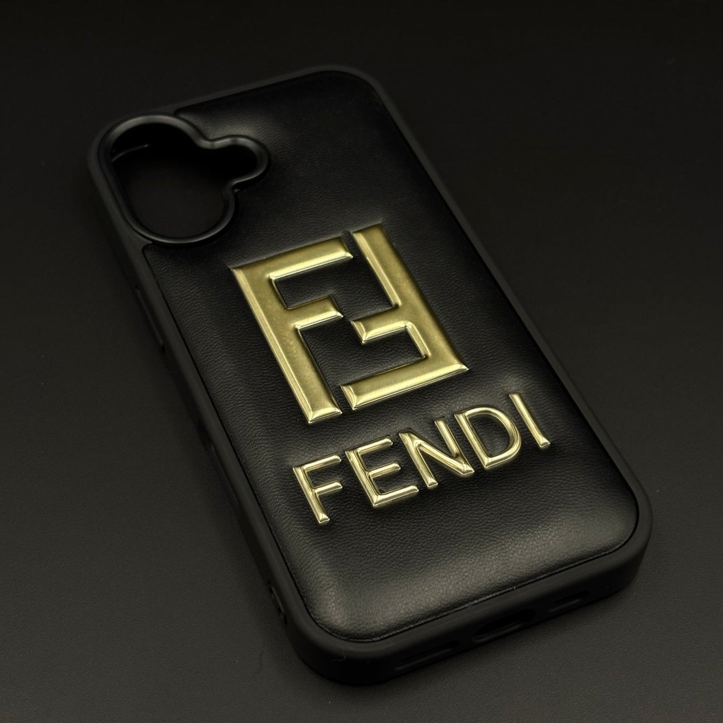 Gold Initial FF Emblem Puffer Mobile Case for iPhone 17 | Premium Black Cushion | Embossed Logo