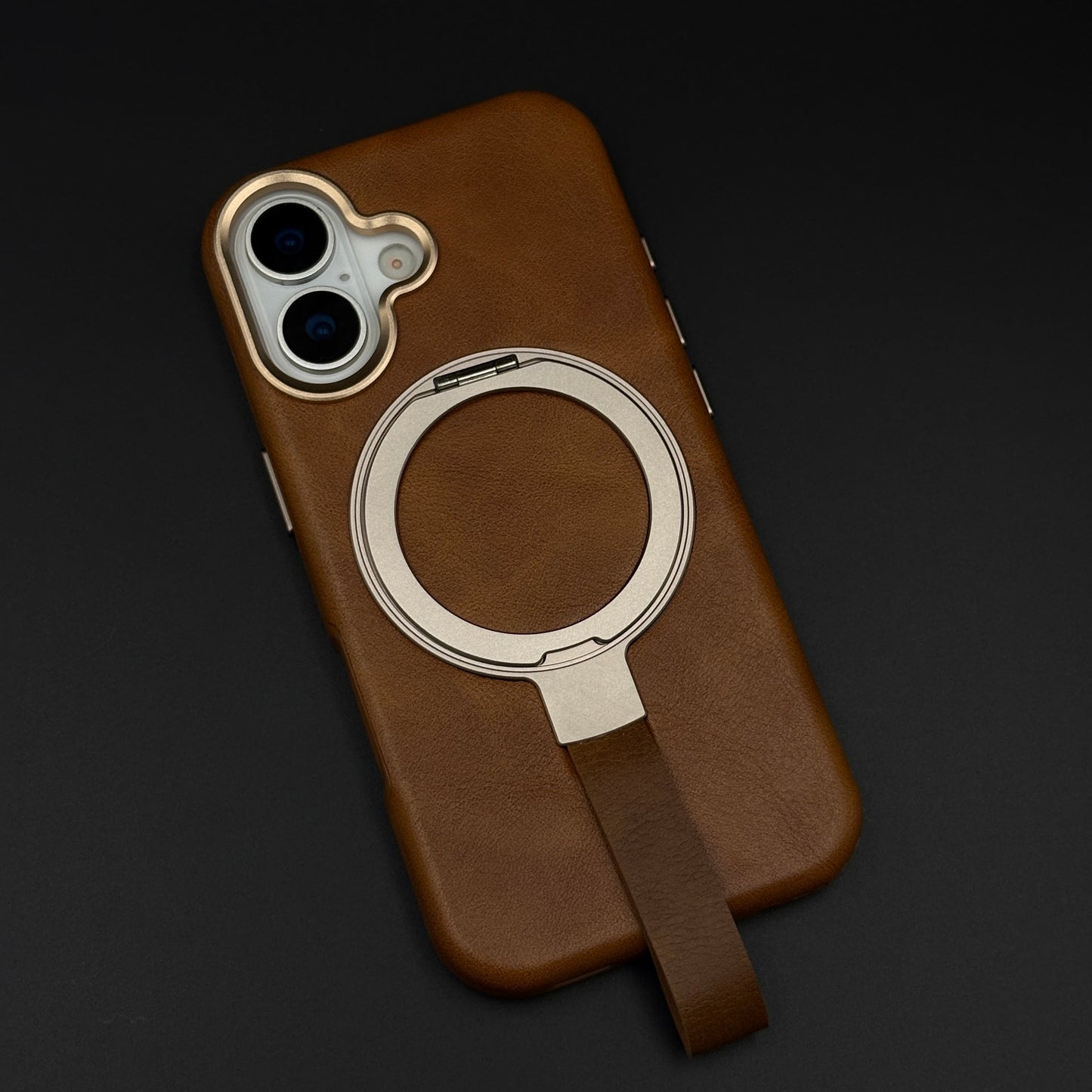 Leather MagSafe Ring Stand Case with Strap for iPhone 17 | Slim Grip Holder Cover