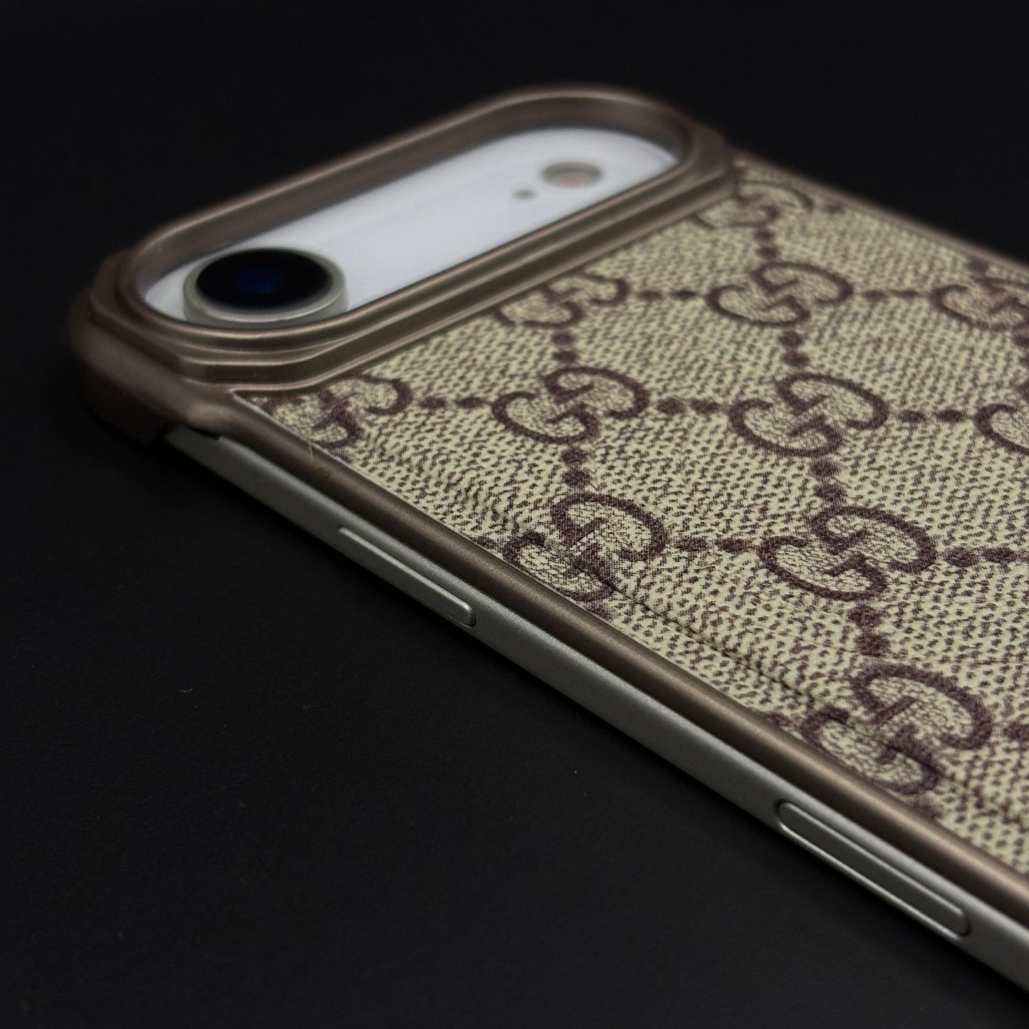 Luxury Branded GG Pattern Fabric Mobile Case for iPhone 17 Air | Premium Brown Texture Fabric