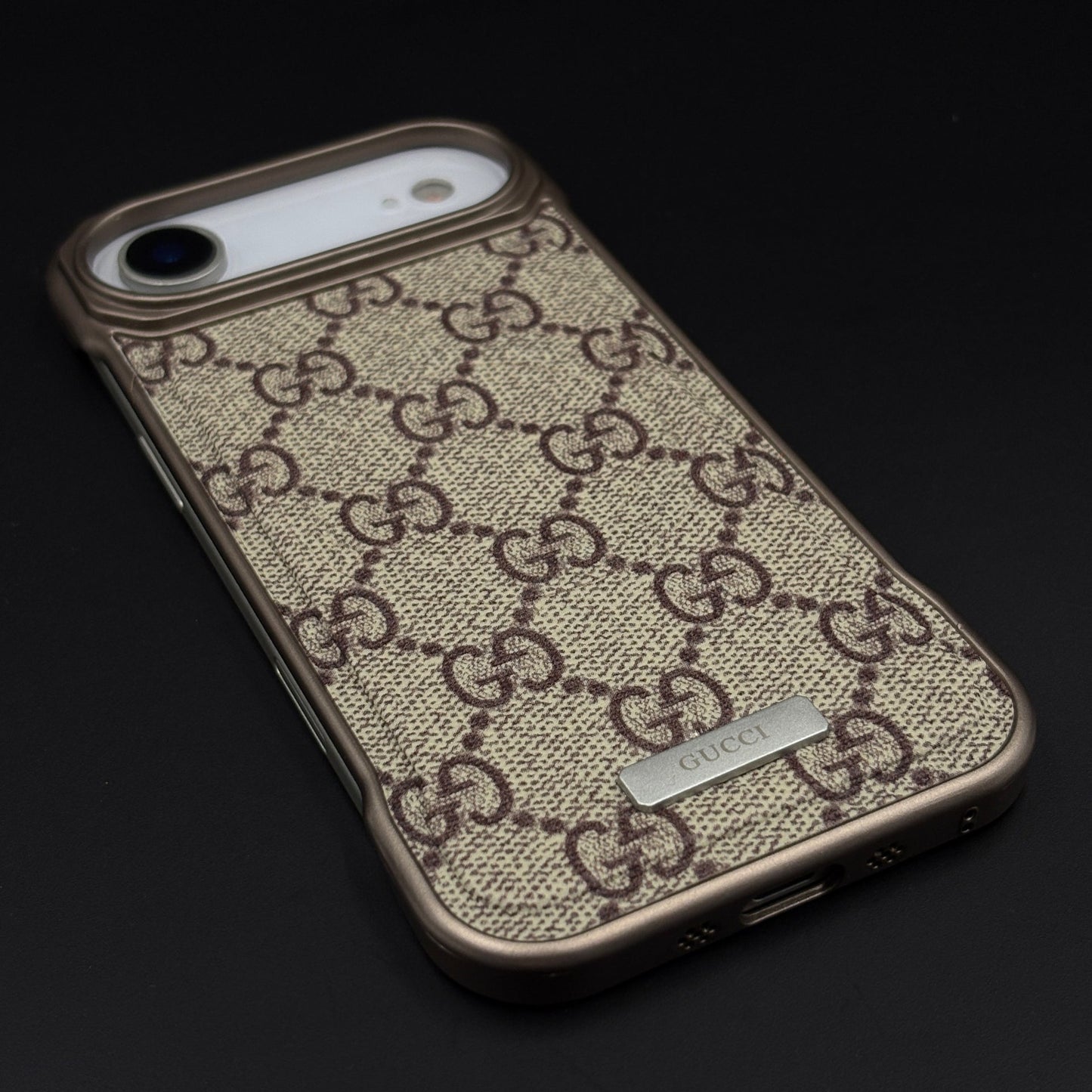 Luxury Branded GG Pattern Fabric Mobile Case for iPhone 17 Air | Premium Brown Texture Fabric