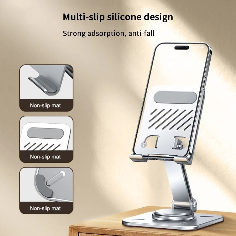 Aluminum Alloy 360° Rotating Adjustable Folding Mobile Phone And Tablet Silver Stand Holder