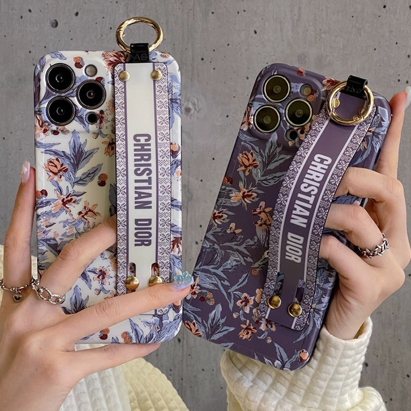 CD Floral Belt Case Cover for iPhone 15 Series | Premium Brand Edition | Hand Strap Designer Protection