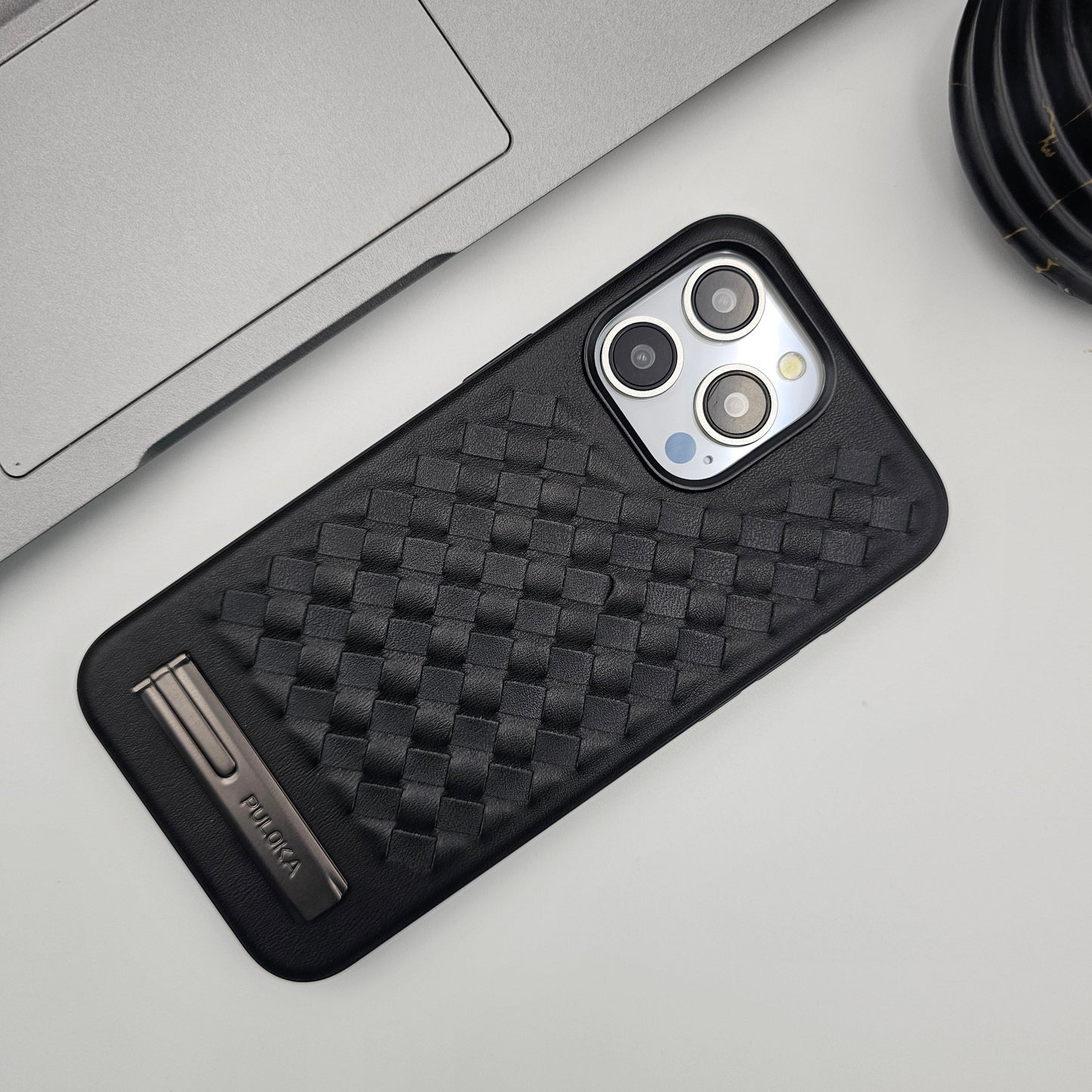 iPhone 15 Series Leather Checks Grid Pattern Kickstand Case