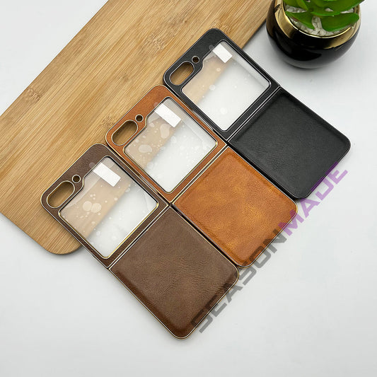 Samsung Z Flip 6 PU Leather Chrome Plated With Front Screen Protector Case Cover