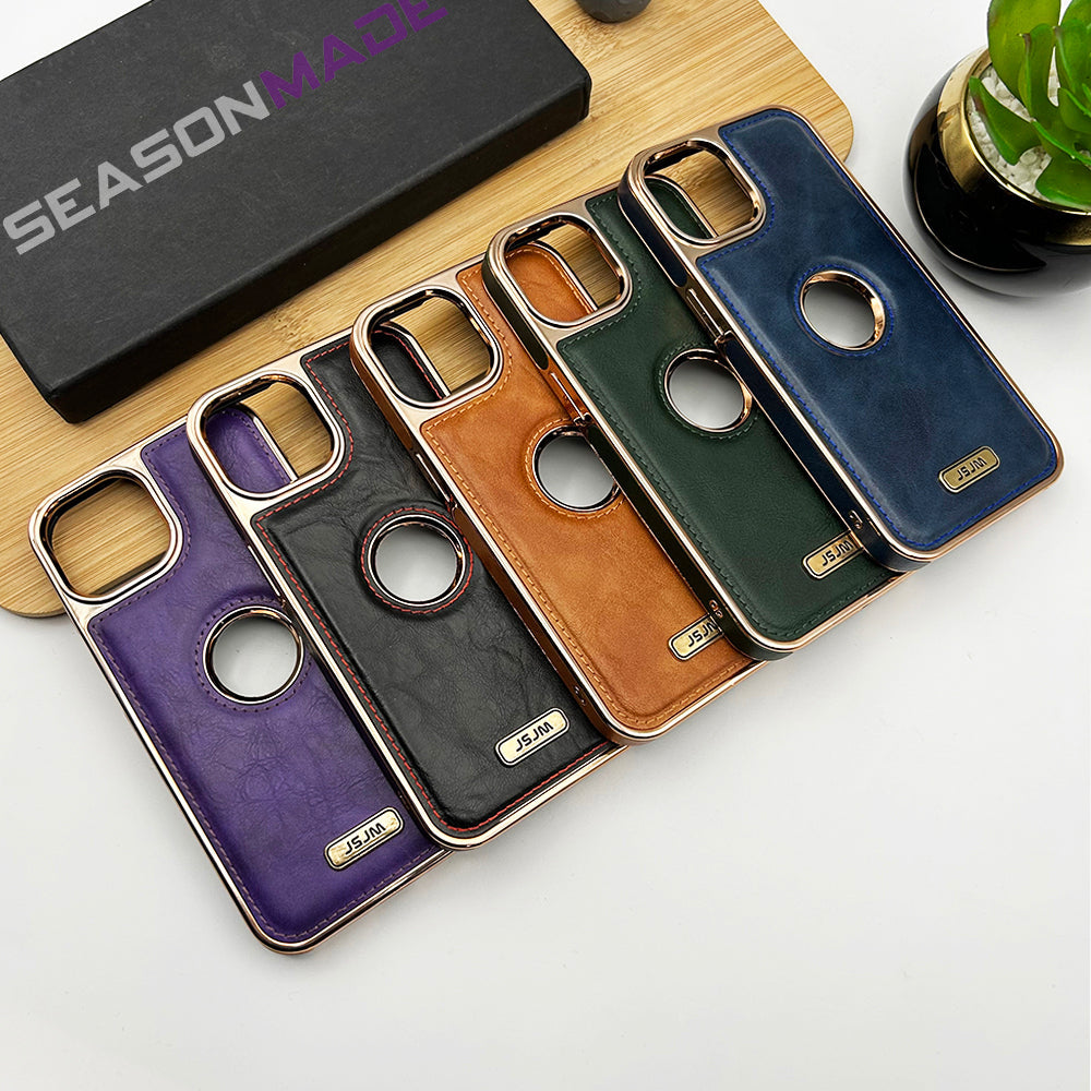 iPhone Luxury PU Leather Chrome Plated Logo Cut Case Cover Clearance
