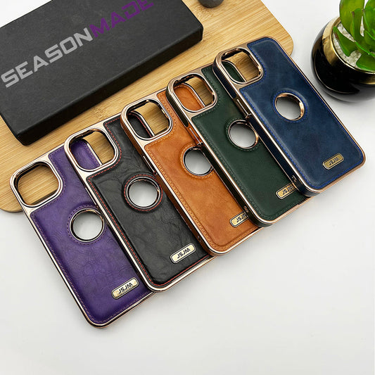 iPhone Luxury PU Leather Chrome Plated Logo Cut Case Cover Clearance