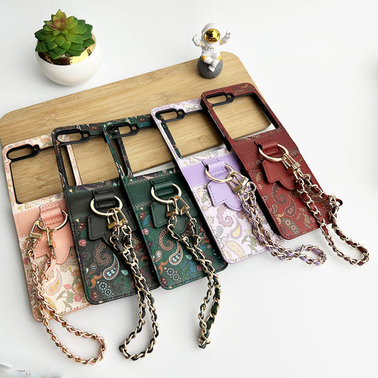 Indian Art Designer Case for Samsung Galaxy Z Flip 7 FE | Paisley Leather Cover with Chain Strap | Traditional Print