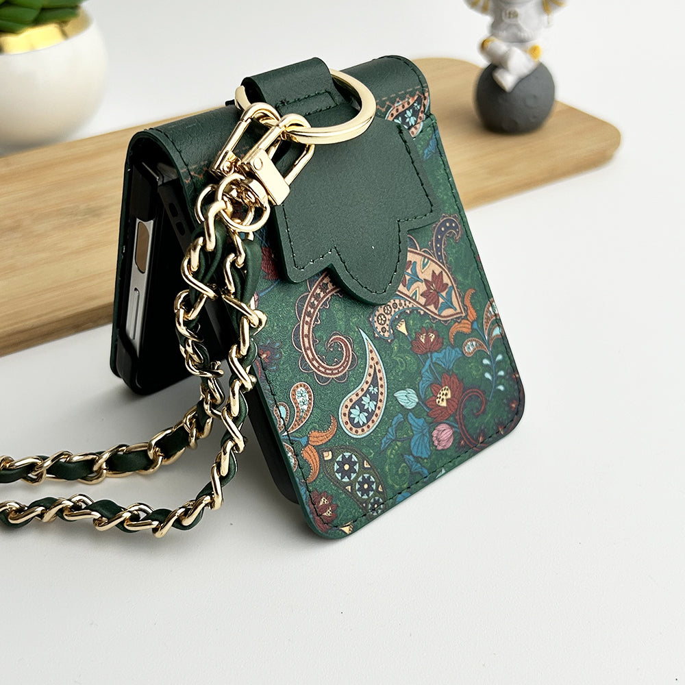 Indian Art Designer Phone Case Cover for Samsung Galaxy Z Flip 5 | Paisley Leather Cover with Chain Strap | Traditional Print