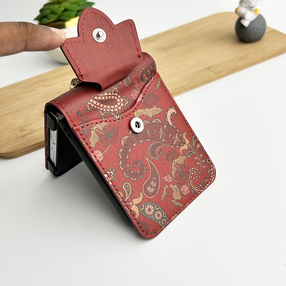Indian Art Designer Phone Case Cover for Samsung Galaxy Z Flip 5 | Paisley Leather Cover with Chain Strap | Traditional Print