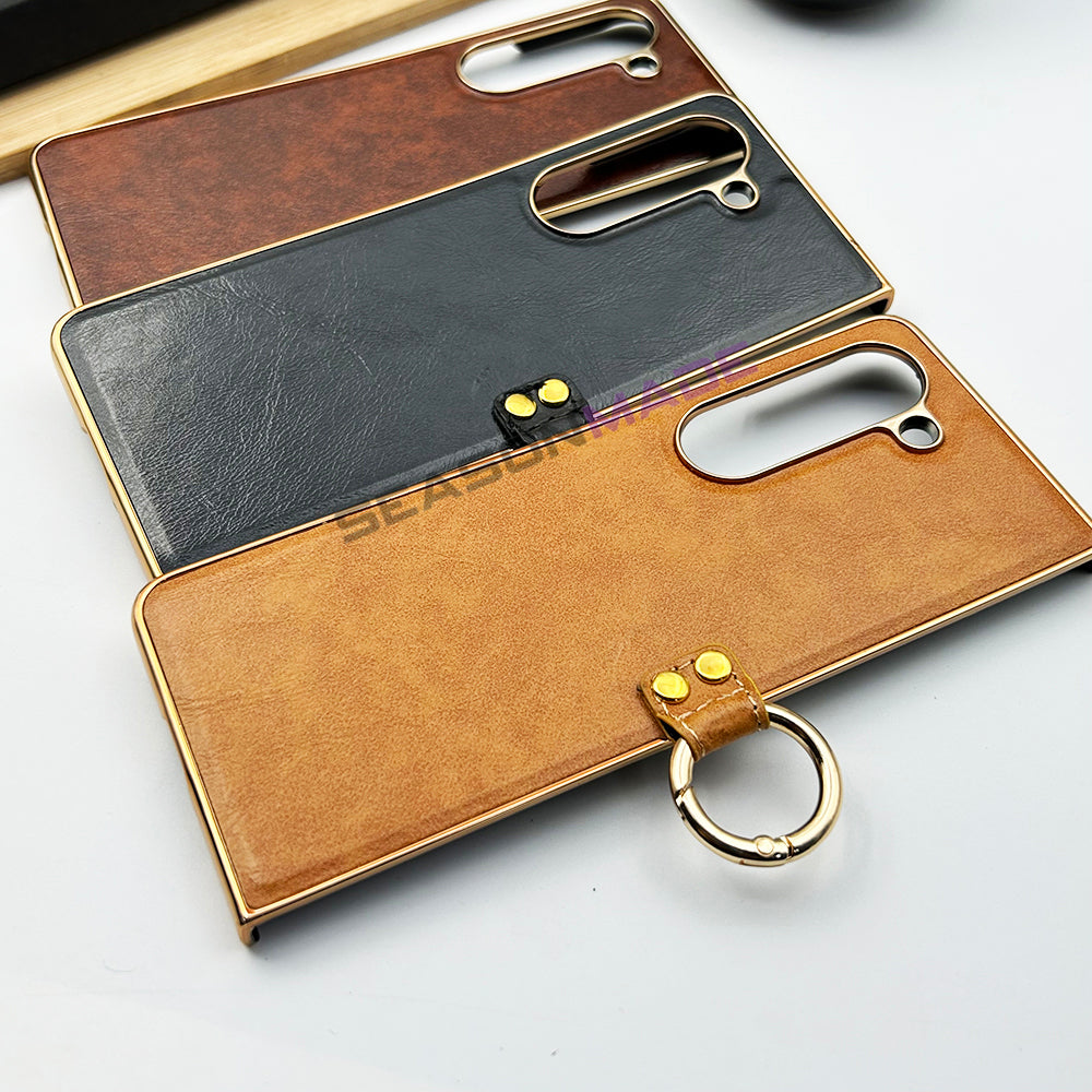 Samsung Z Fold 5 PU Leather Chrome Plated Ring Case Cover Inside Velvet Clearance Sale