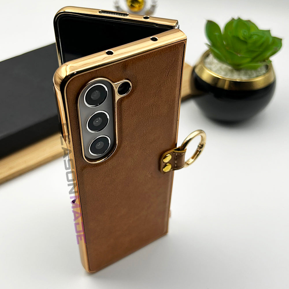 Samsung Z Fold 5 PU Leather Chrome Plated Ring Case Cover Inside Velvet Clearance Sale