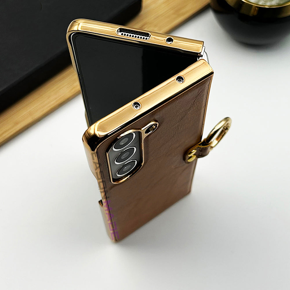 Samsung Z Fold 5 PU Leather Chrome Plated Ring Case Cover Inside Velvet Clearance Sale