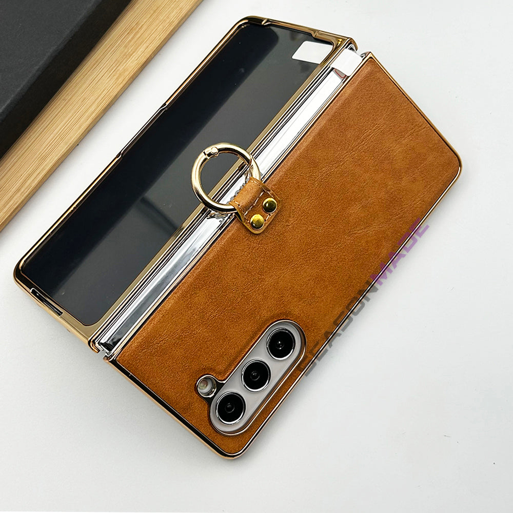 Samsung Z Fold 5 PU Leather Chrome Plated Ring Case Cover Inside Velvet Clearance Sale