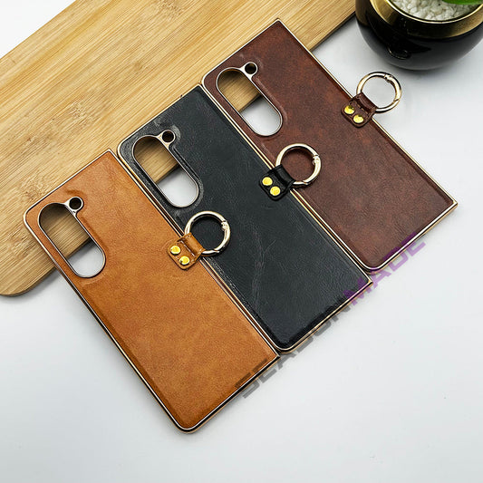 Samsung Z Fold 5 PU Leather Chrome Plated Ring Case Cover Inside Velvet