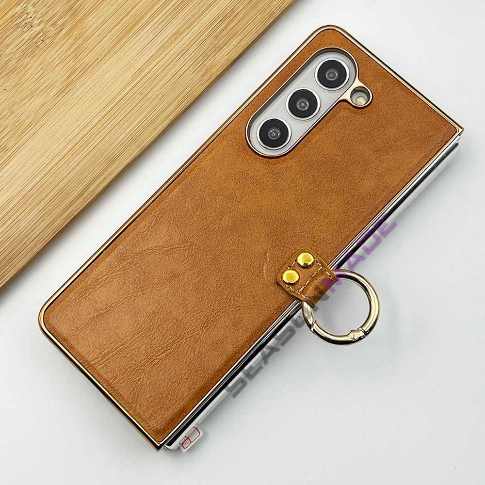 Samsung Z Fold 5 PU Leather Chrome Plated Ring Case Cover Inside Velvet Clearance Sale