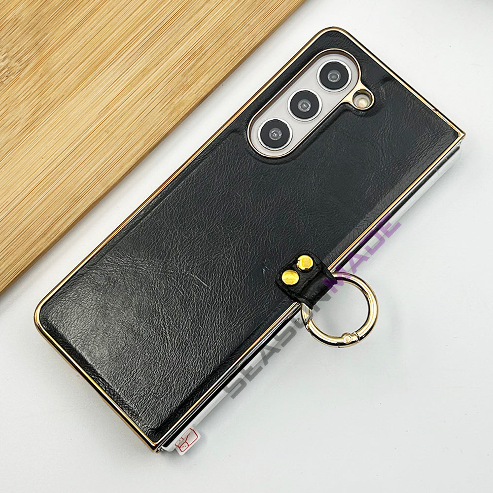 Samsung Z Fold 5 PU Leather Chrome Plated Ring Case Cover Inside Velvet Clearance Sale