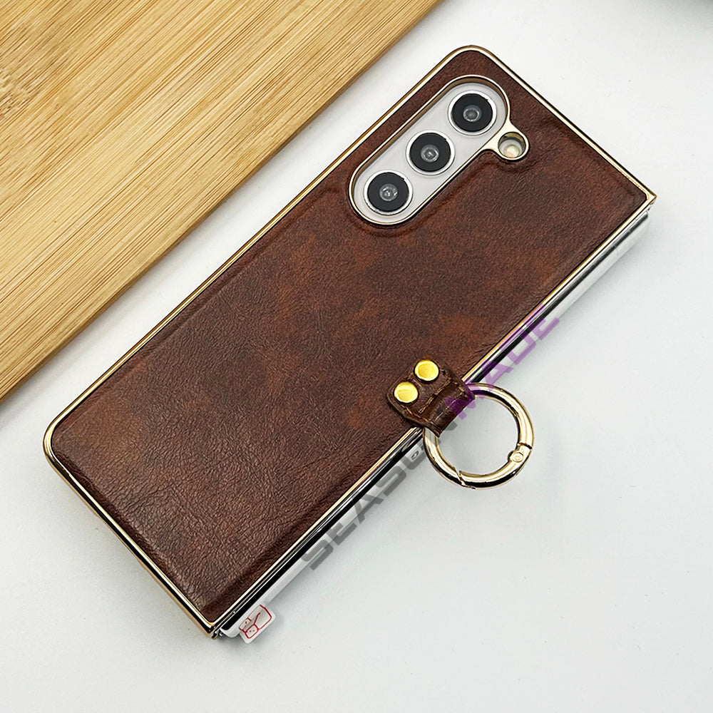 Samsung Z Fold 5 PU Leather Chrome Plated Ring Case Cover Inside Velvet Clearance Sale