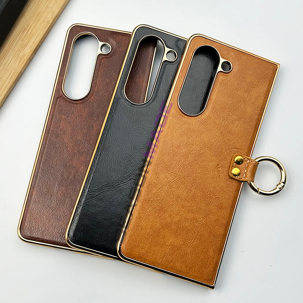 Samsung Z Fold 5 PU Leather Chrome Plated Ring Case Cover Inside Velvet Clearance Sale
