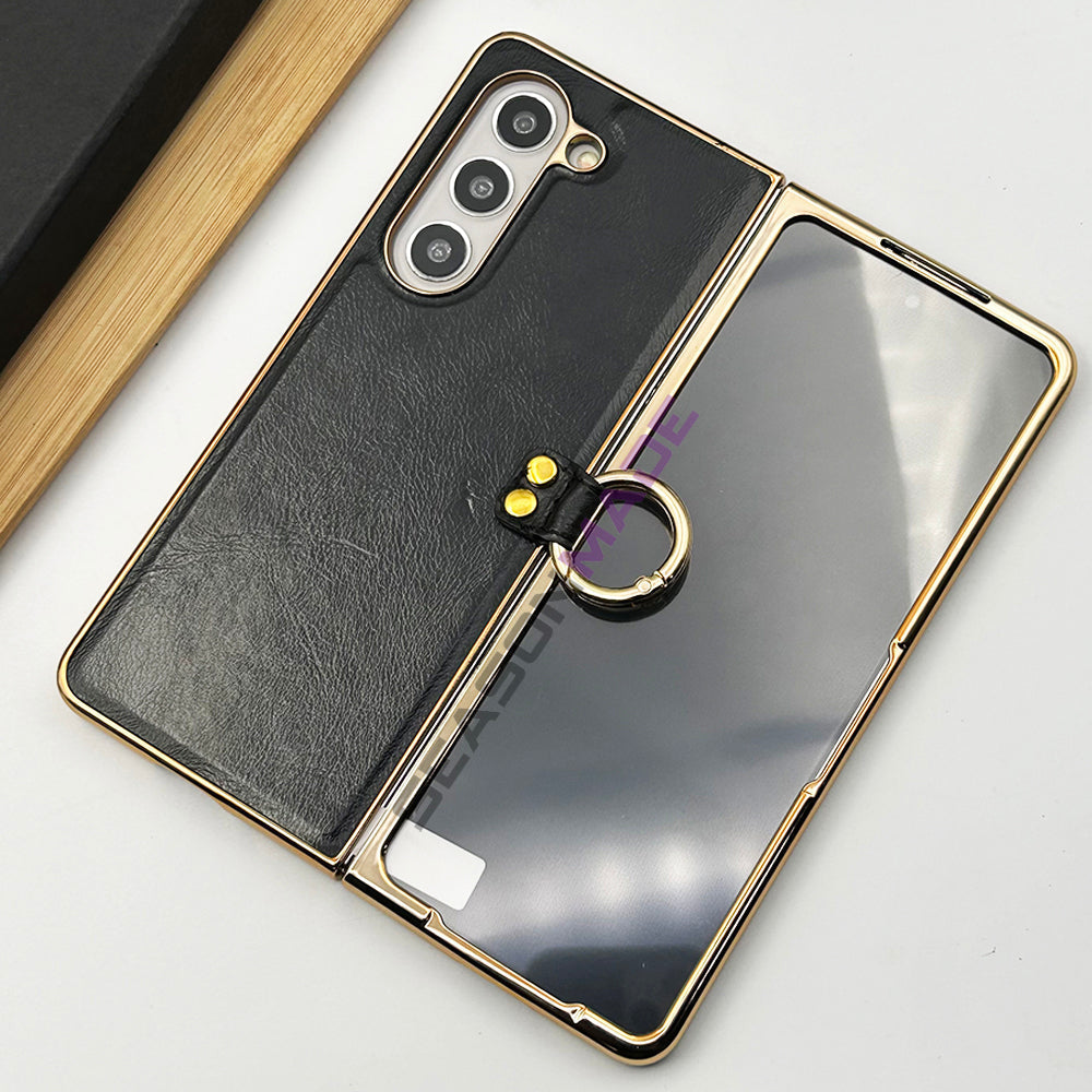 Samsung Z Fold 5 PU Leather Chrome Plated Ring Case Cover Inside Velvet Clearance Sale