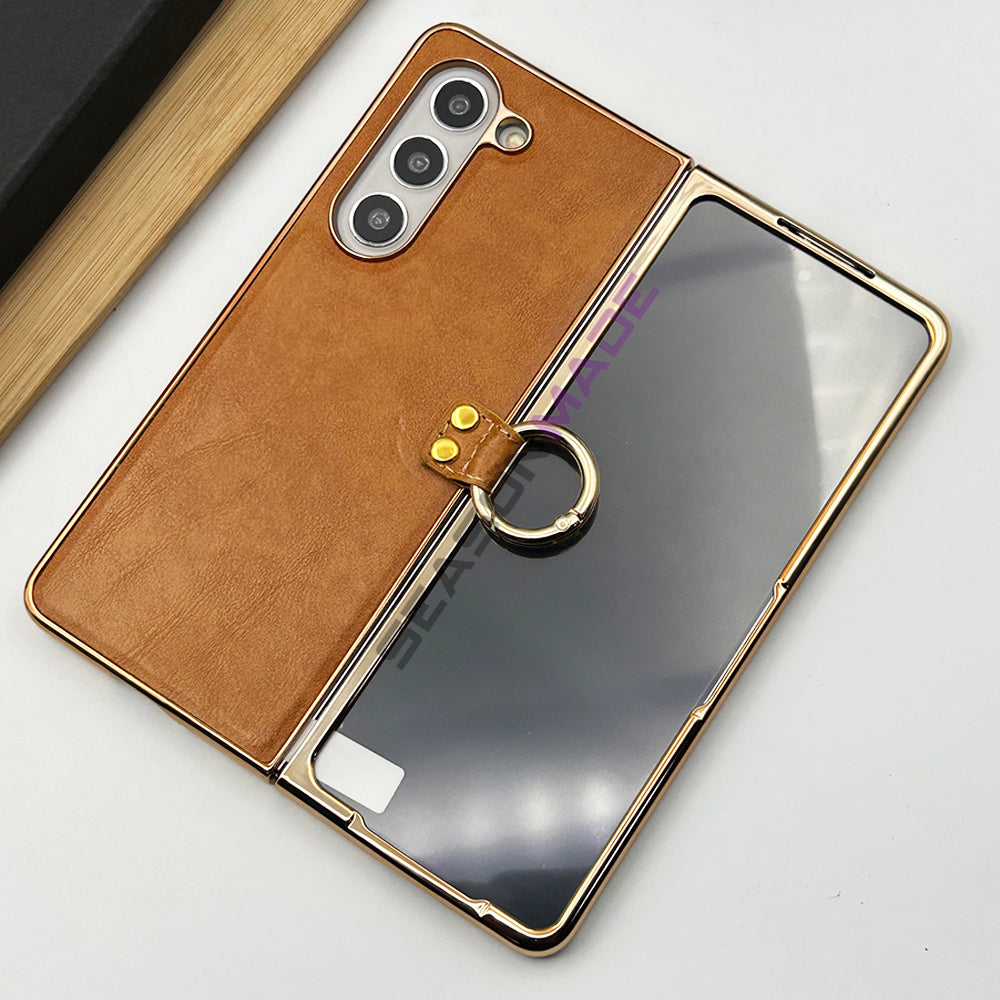 Samsung Z Fold 5 PU Leather Chrome Plated Ring Case Cover Inside Velvet Clearance Sale