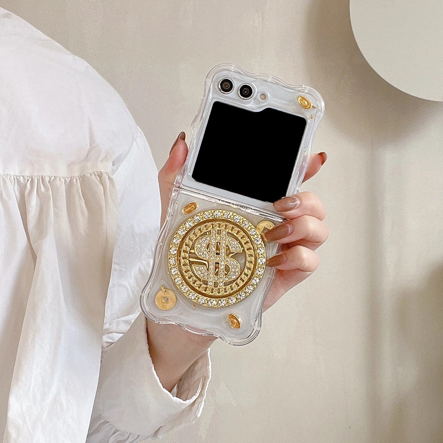 Luxury Rotating Dollar Case for Samsung Galaxy Z Flip 6 | Gold Bling Coin Design with Beaded Wrist Strap