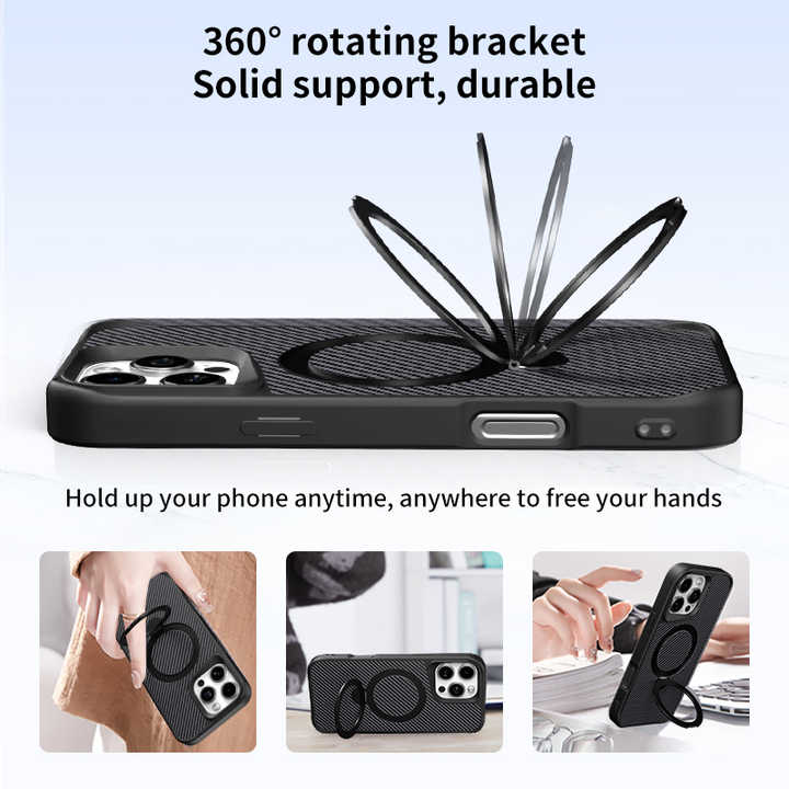 iPhone 16 Series Carbon Fibre With Magnetic Magsafe Ring Stand Case