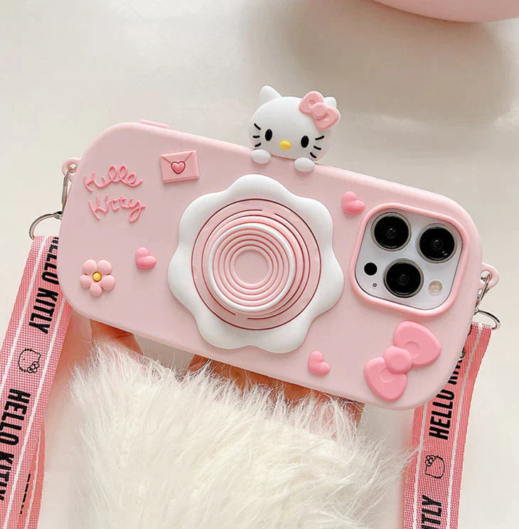 iPhone 3D Cute Kitty Silicone Case With Sling Strap