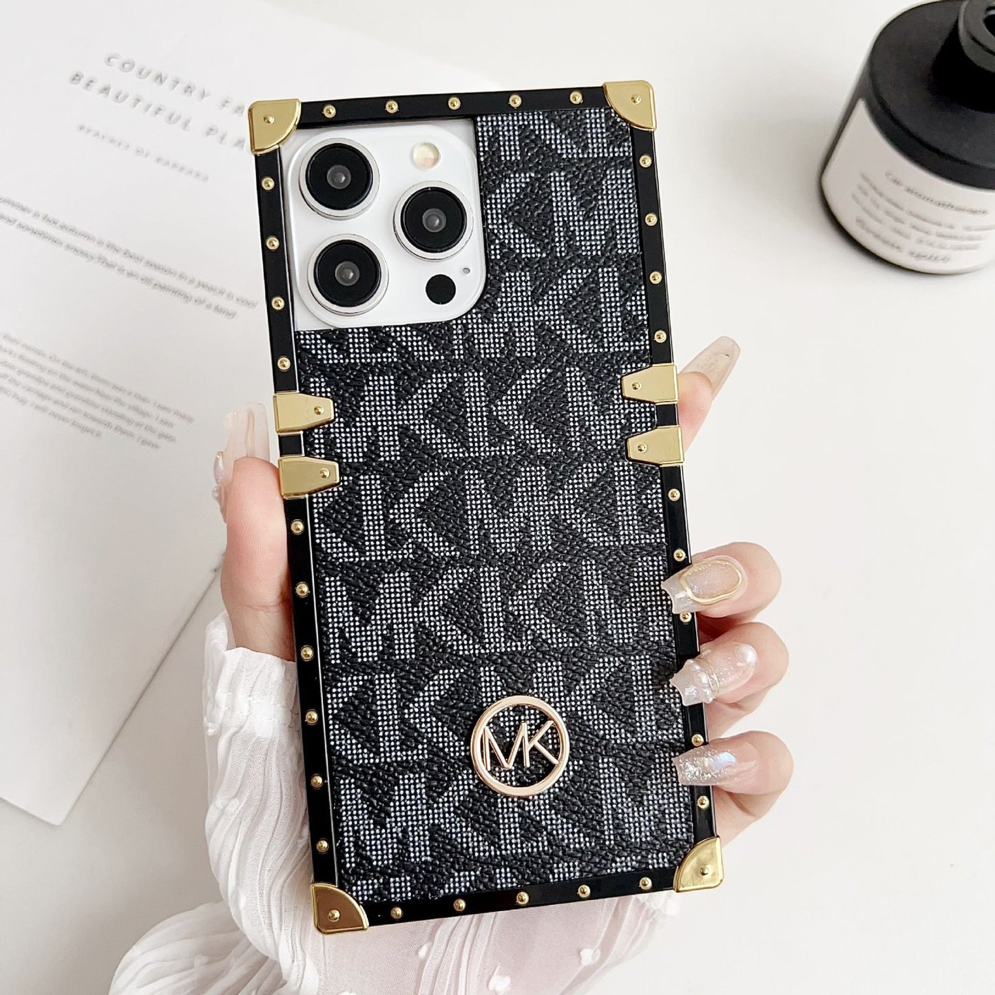 iPhone Luxury Branded MK Letter Square Shaped Trunk Leather Case