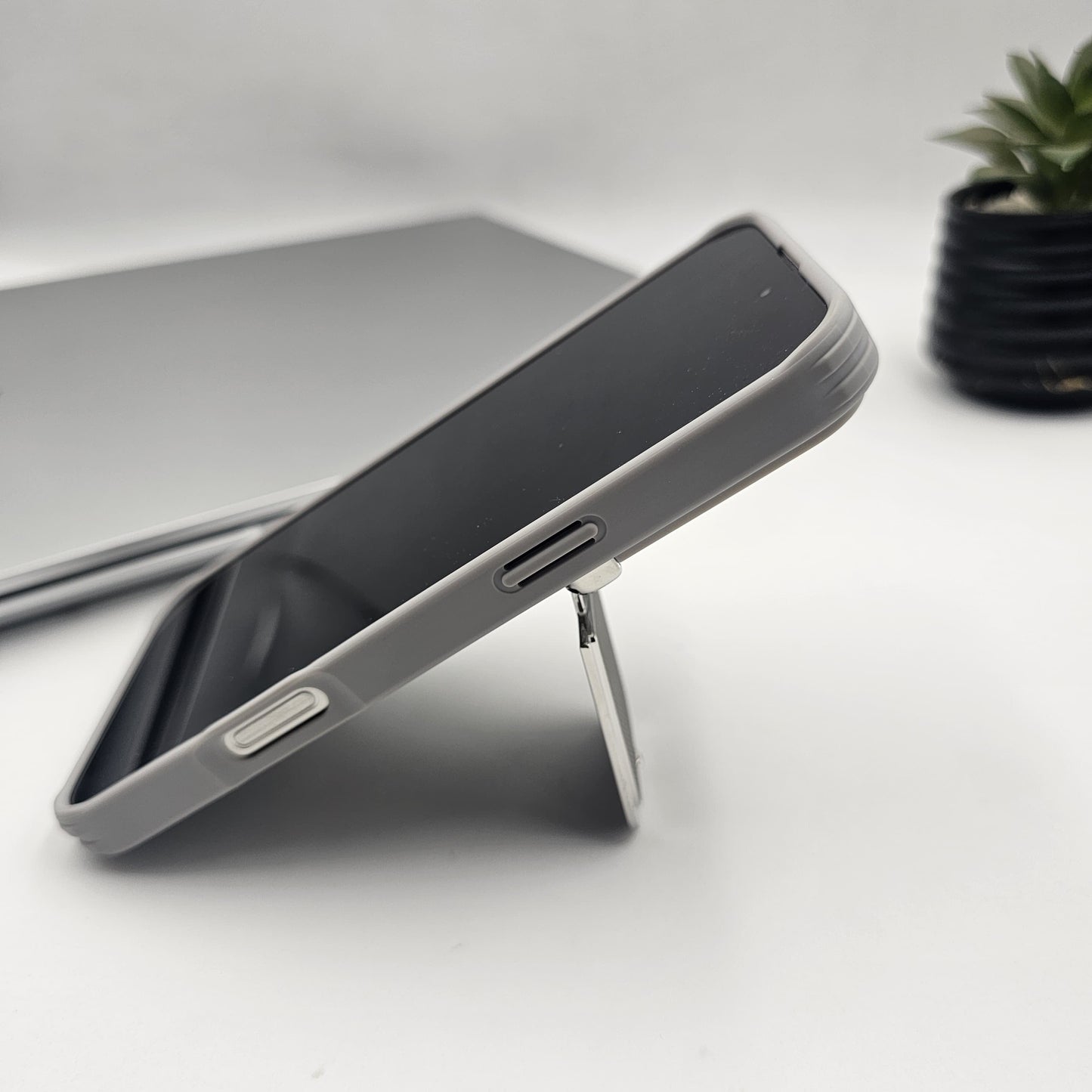iPhone Dotted Feel Leather Foldable Stand Camera Protection Case Gray