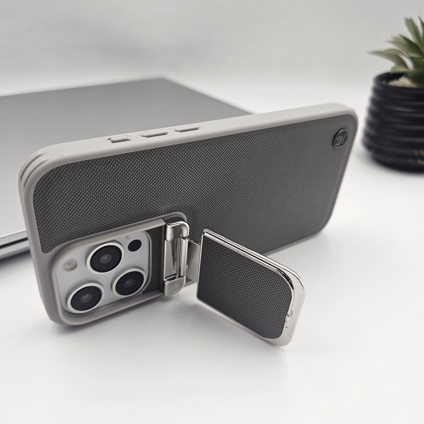 iPhone Dotted Feel Leather Foldable Stand Camera Protection Case Gray