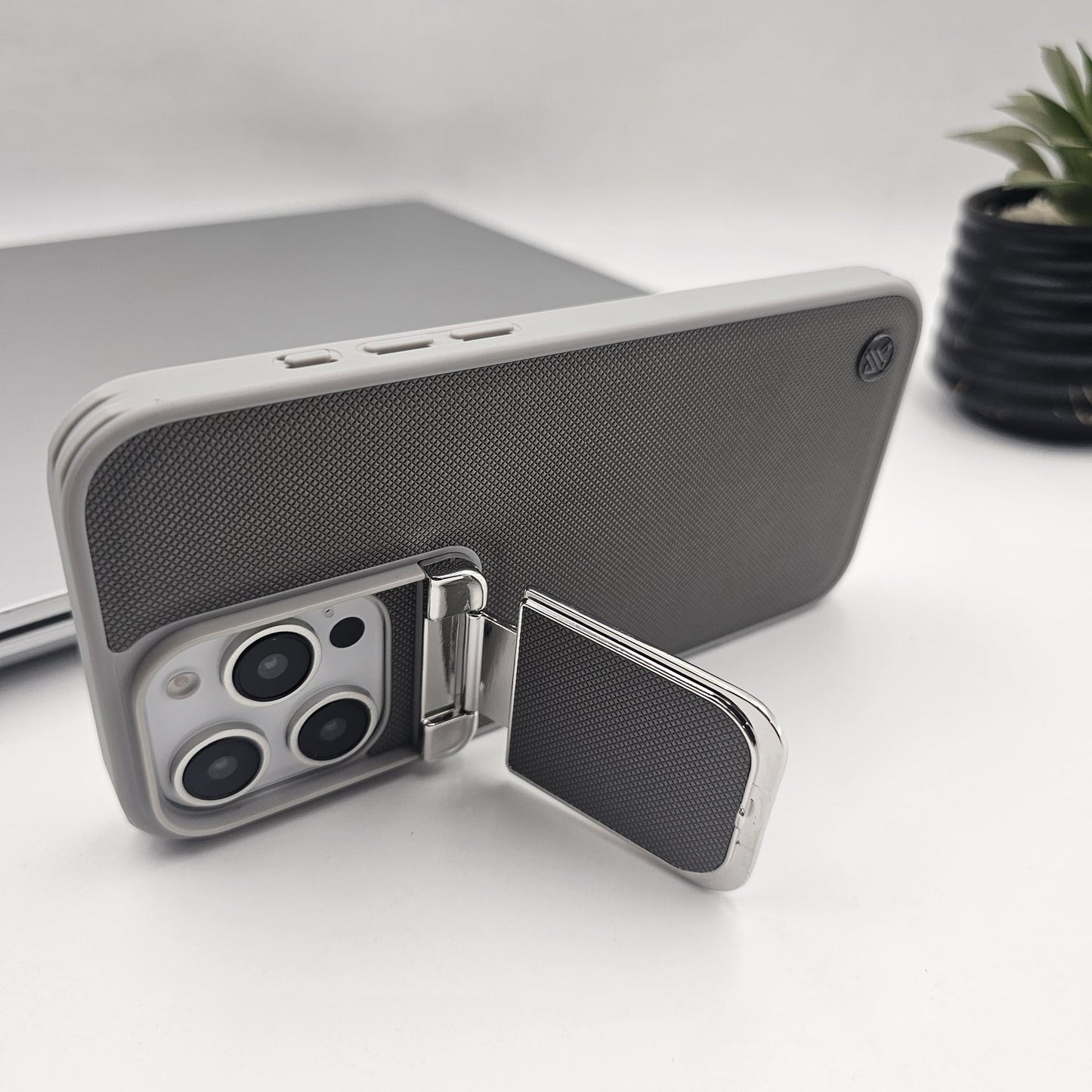 iPhone Dotted Feel Leather Foldable Stand Camera Protection Case Gray