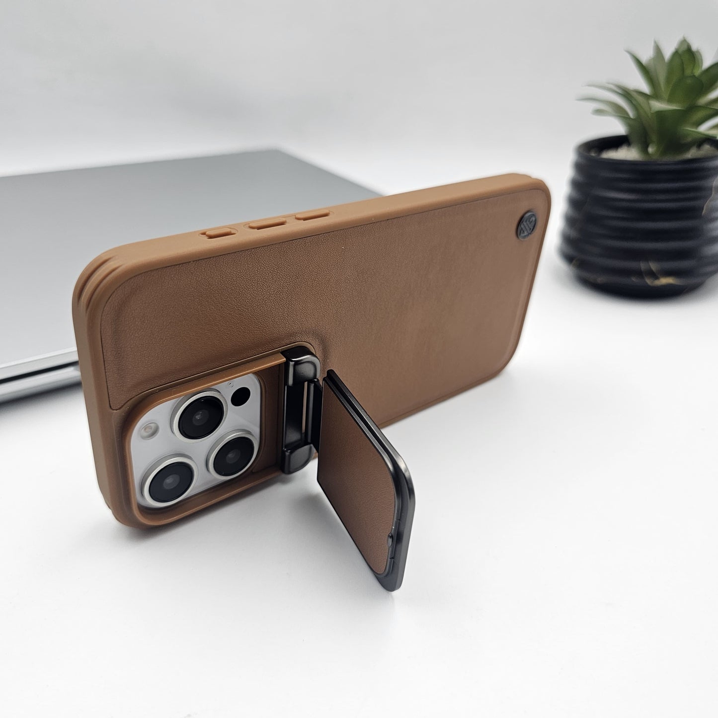 iPhone Leather Foldable Metal Stand Camera Protection Case Inside Micro-Fibre