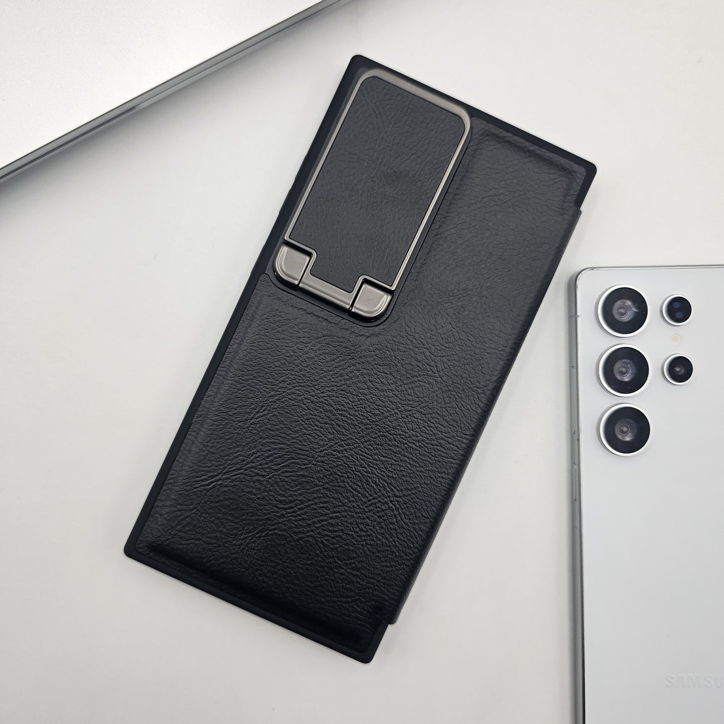 Samsung Galaxy S23 Ultra Flip Card Holder Leather Foldable Metal Stand Case