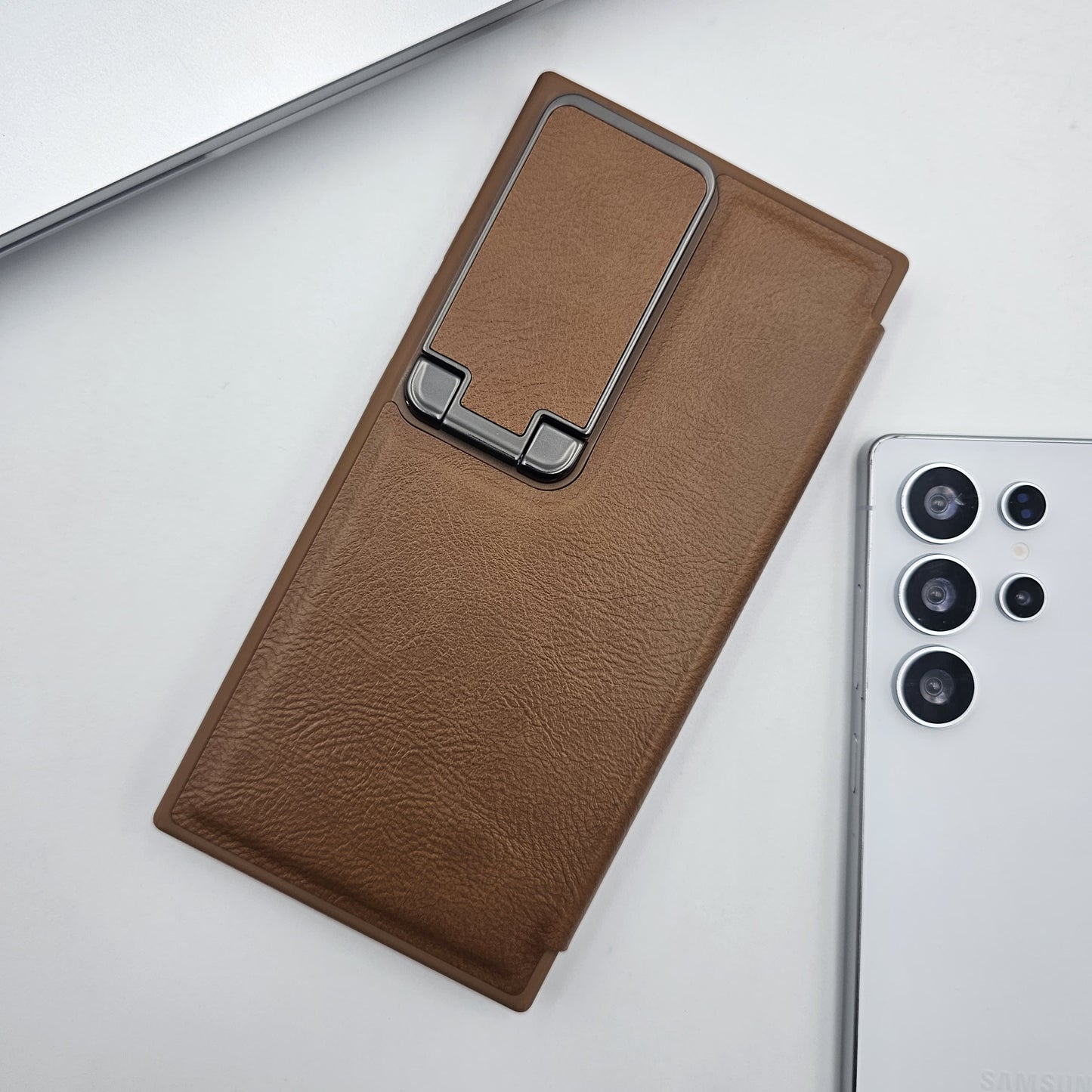 Samsung Galaxy S23 Ultra Flip Card Holder Leather Foldable Metal Stand Case