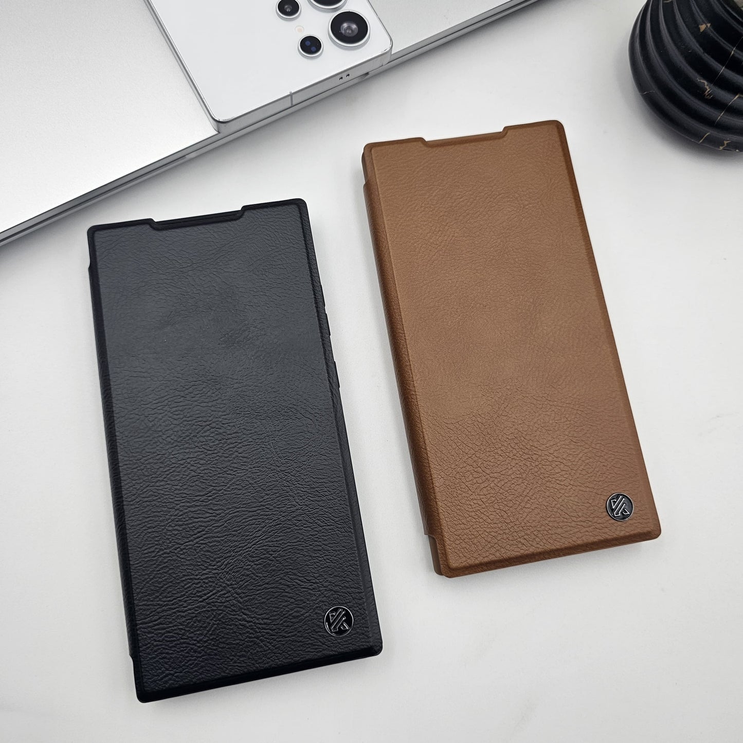 Samsung Galaxy S23 Ultra Flip Card Holder Leather Foldable Metal Stand Case