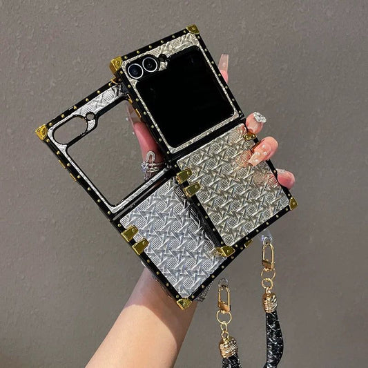 Luxury Trunk Case for Samsung Galaxy Z Flip 6 | Designer Metal Embossed Cover | Gold Rivets & Lanyard Strap