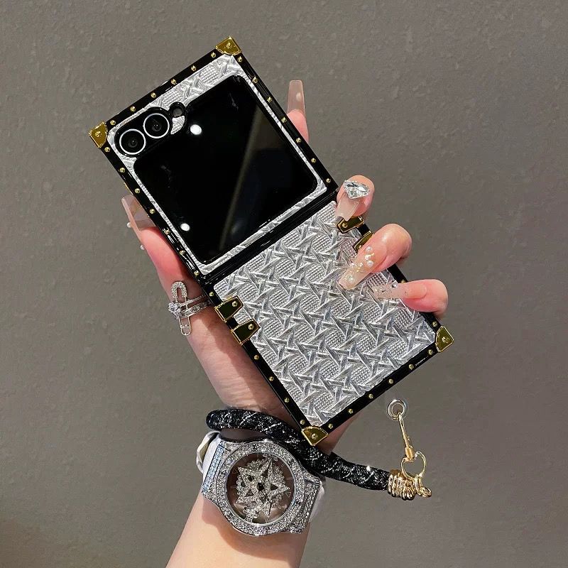 Luxury Trunk Case for Samsung Galaxy Z Flip 6 | Designer Metal Embossed Cover | Gold Rivets & Lanyard Strap