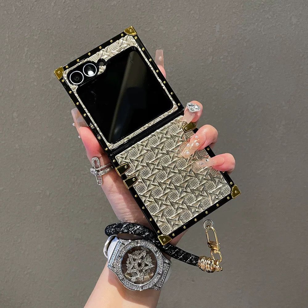 Luxury Trunk Case for Samsung Galaxy Z Flip 6 | Designer Metal Embossed Cover | Gold Rivets & Lanyard Strap