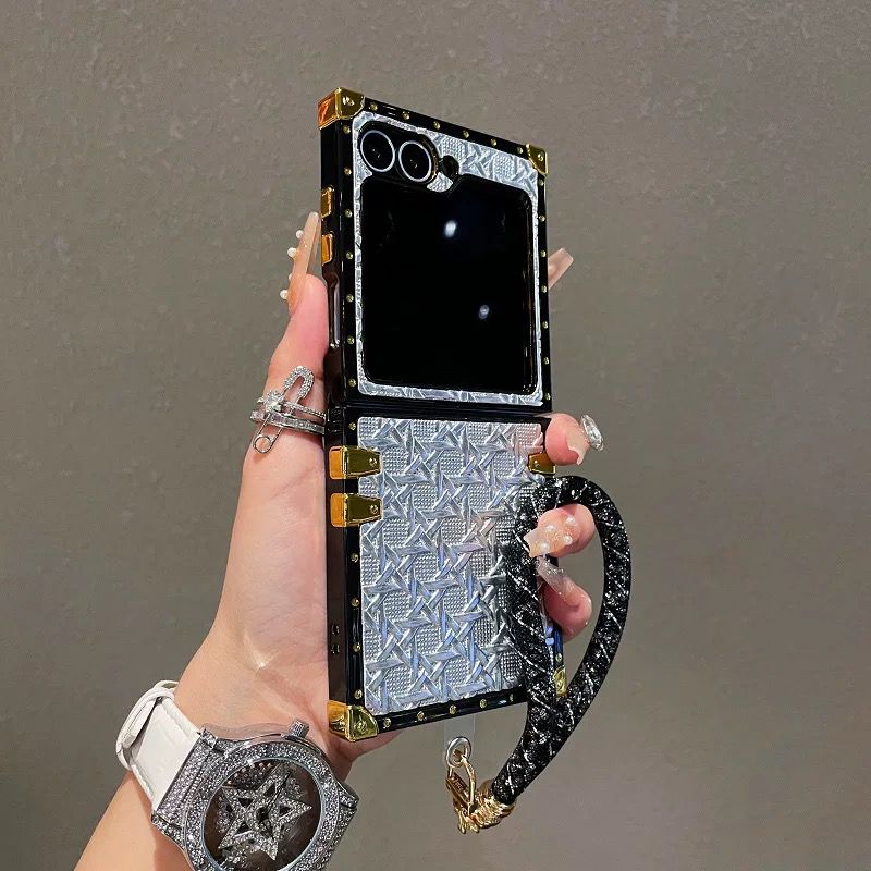 Luxury Trunk Case for Samsung Galaxy Z Flip 6 | Designer Metal Embossed Cover | Gold Rivets & Lanyard Strap